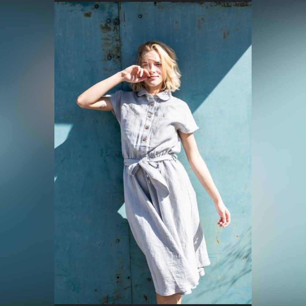 NotPERFECTLINEN Perth dress tan size small linen pockets belt collar midi dress